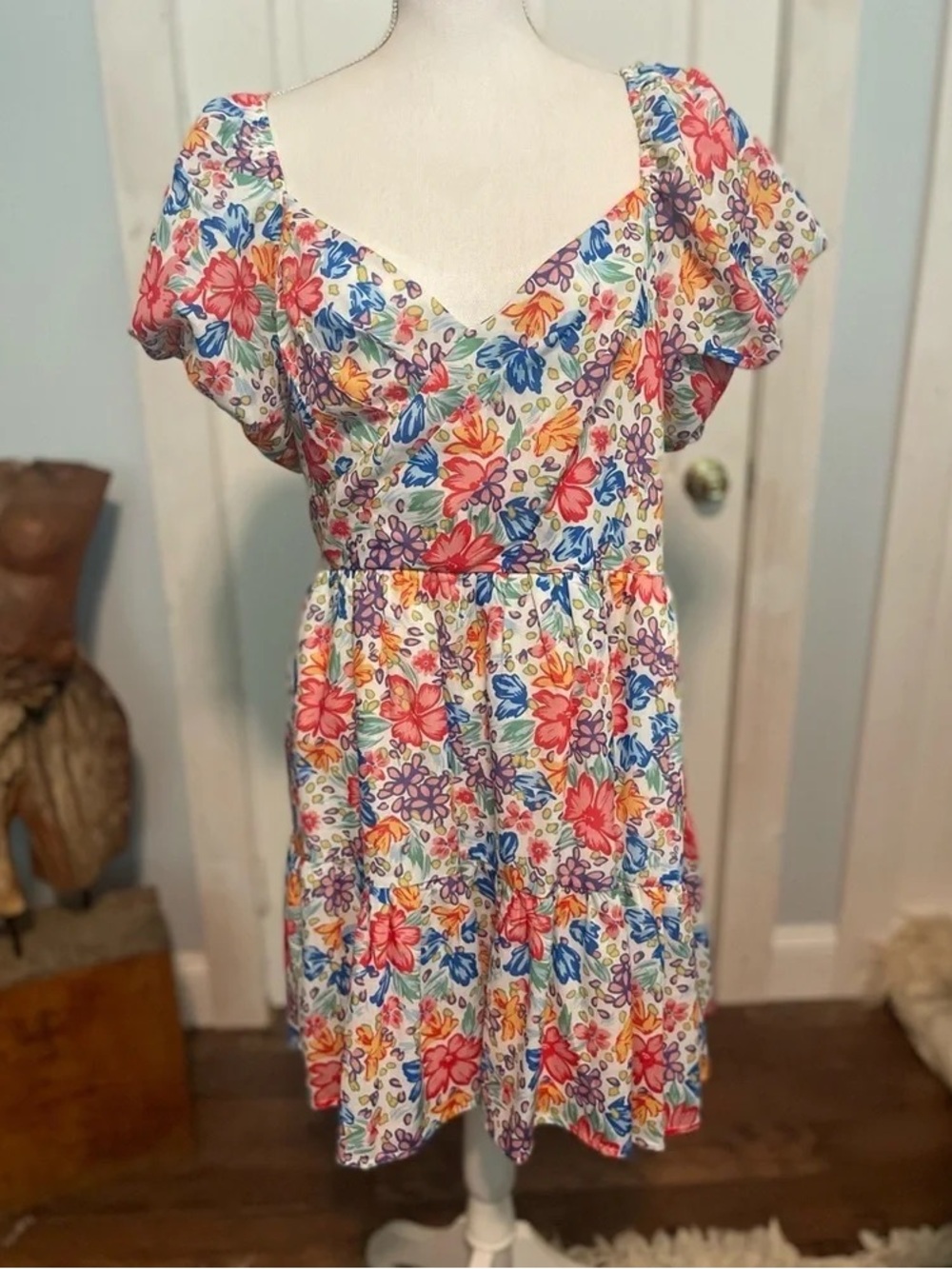Floral Puff Sleeve Summer Dress - White Multi
